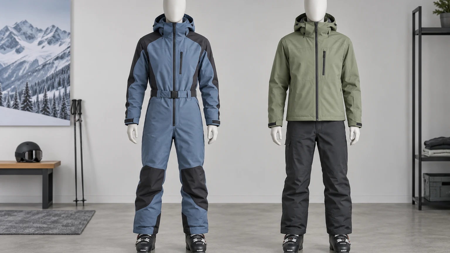 Studio comparison of a generic one-piece skiing suit and separate jacket and pants set