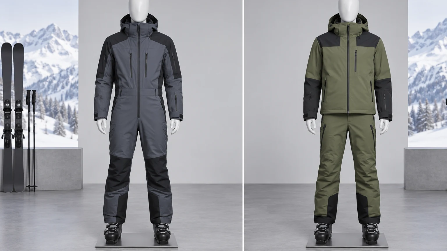 Studio comparison of a generic men’s one-piece ski suit and jacket and pants set