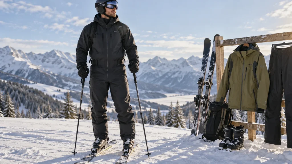 Men's one-piece ski suit beside a separate ski jacket and pants set in a mountain equipment setting
