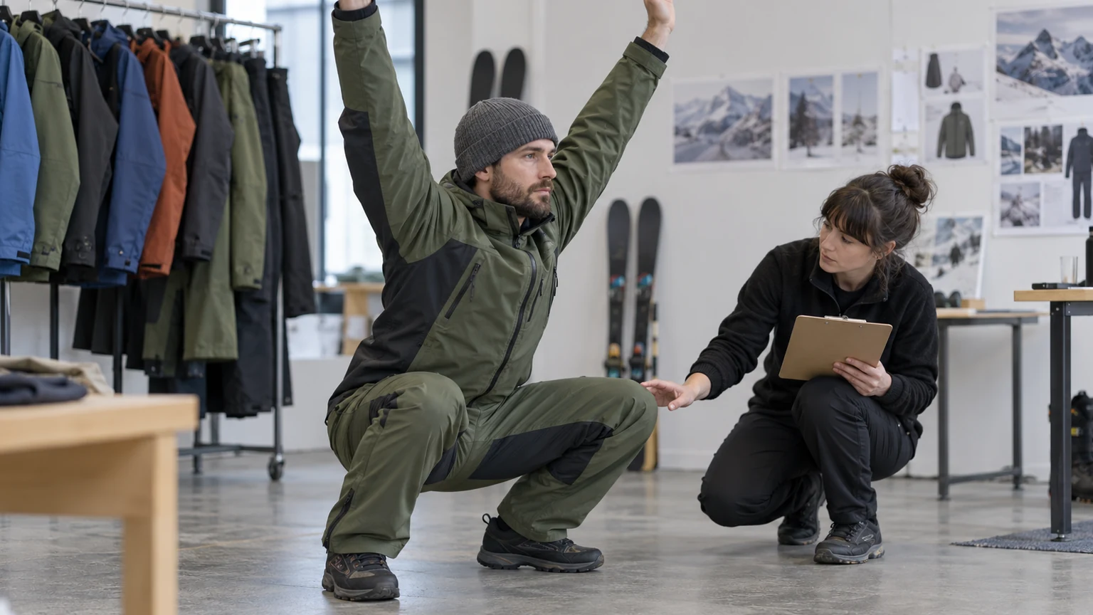 Apparel technician observing squat and overhead reach in a men’s ski suit