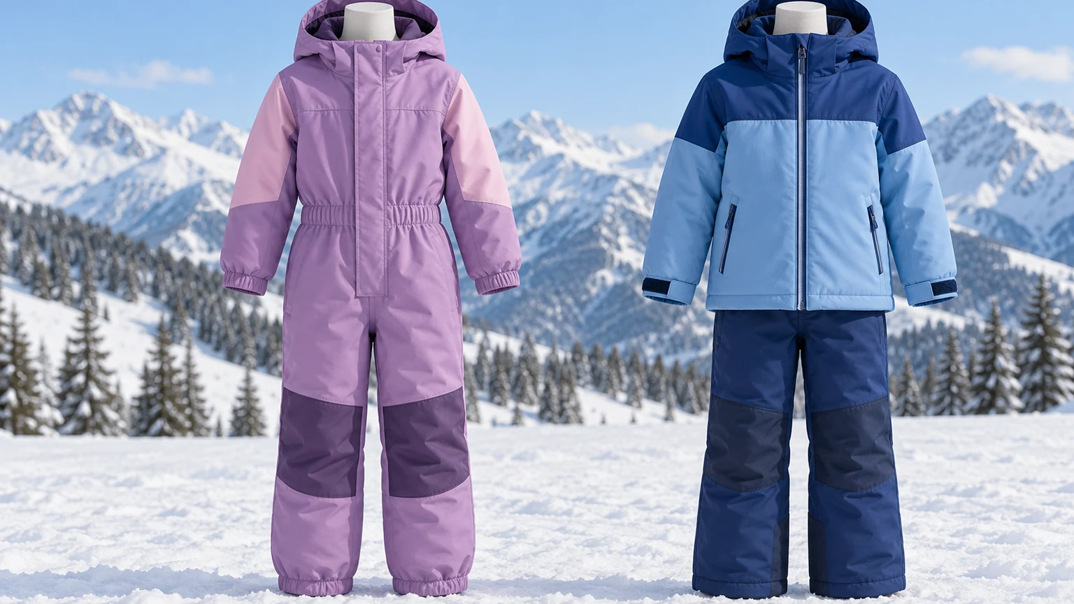 Studio comparison of a generic children’s one-piece ski suit and jacket and pants set
