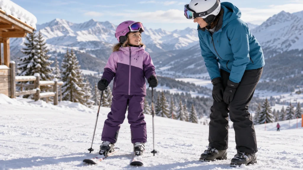 Child in a well-fitted ski suit completing a supervised reach and squat check in a snowy resort setting