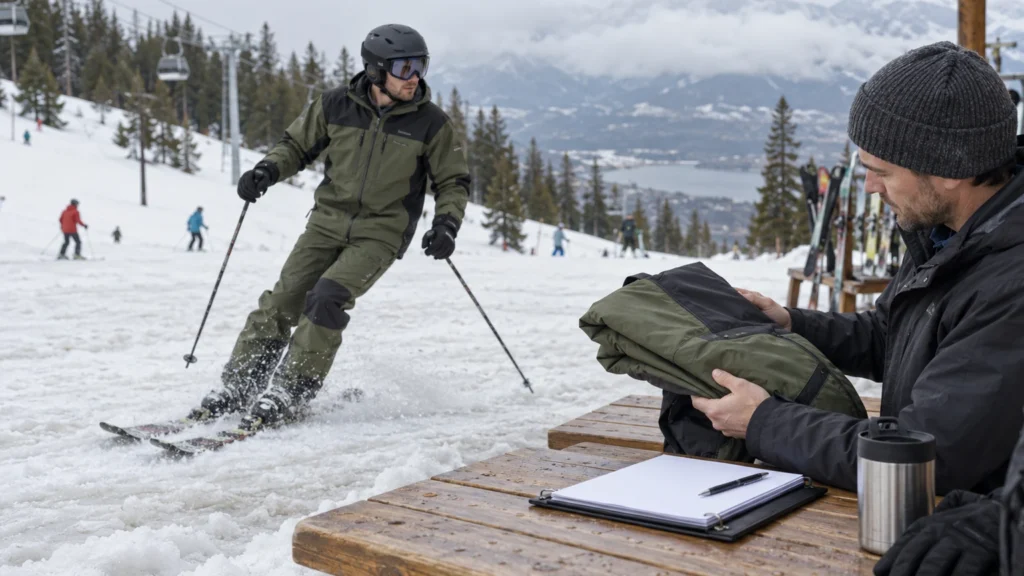 Skier testing a one-piece ski suit in wet snow beside a jacket-and-pants setup at a mountain resort