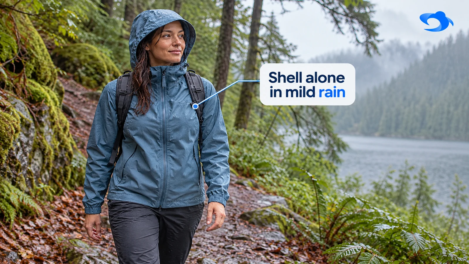 Illustrative outdoor scene of a woman wearing a rain shell on a wet woodland path