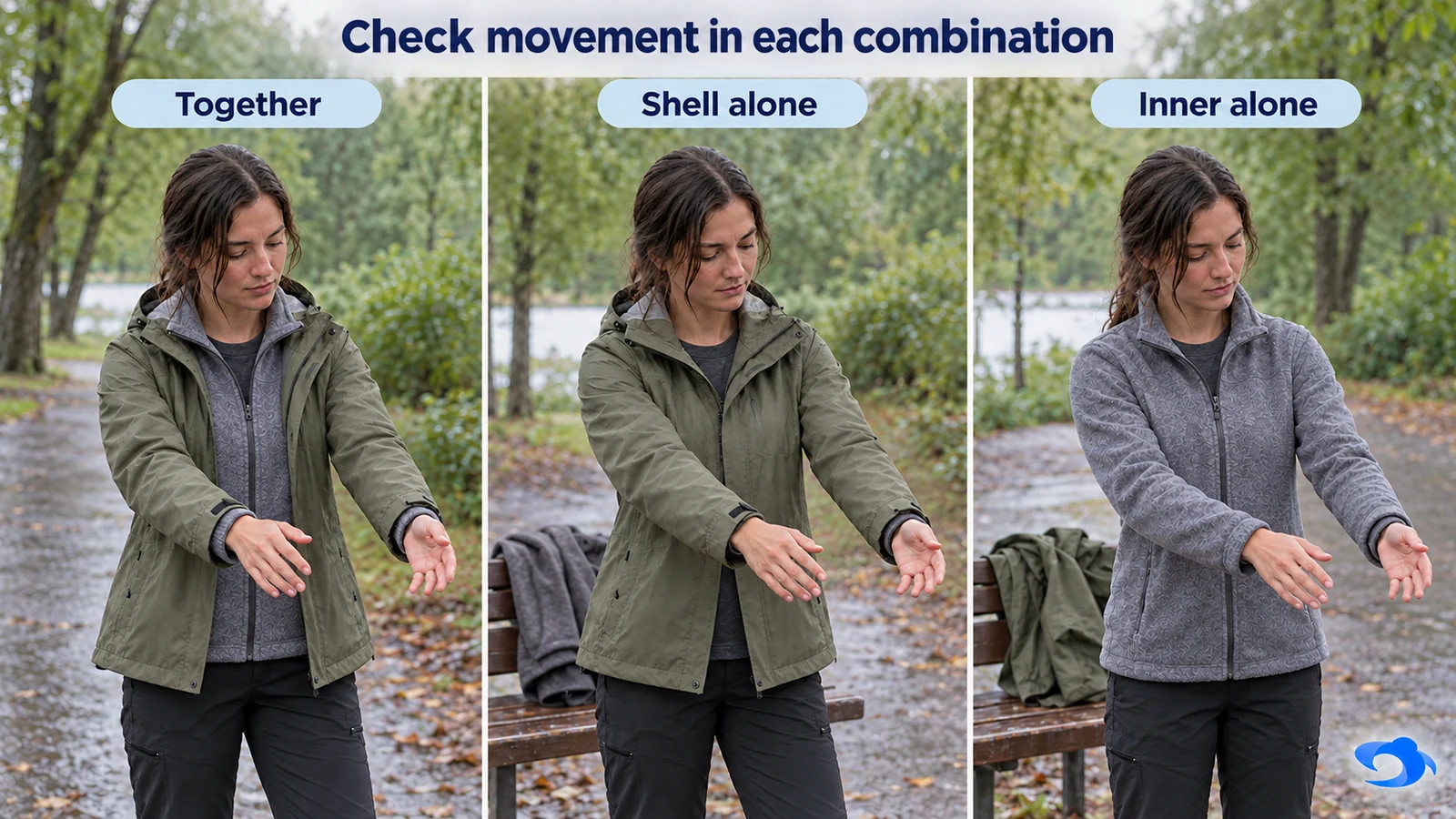 Illustrative sequence comparing movement with shell and fleece together, shell alone and inner alone