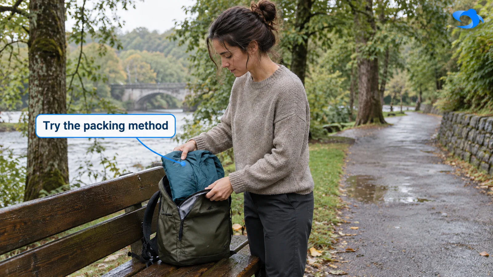 Illustrative travel scene of a woman placing a folded rain shell in her day bag outdoors