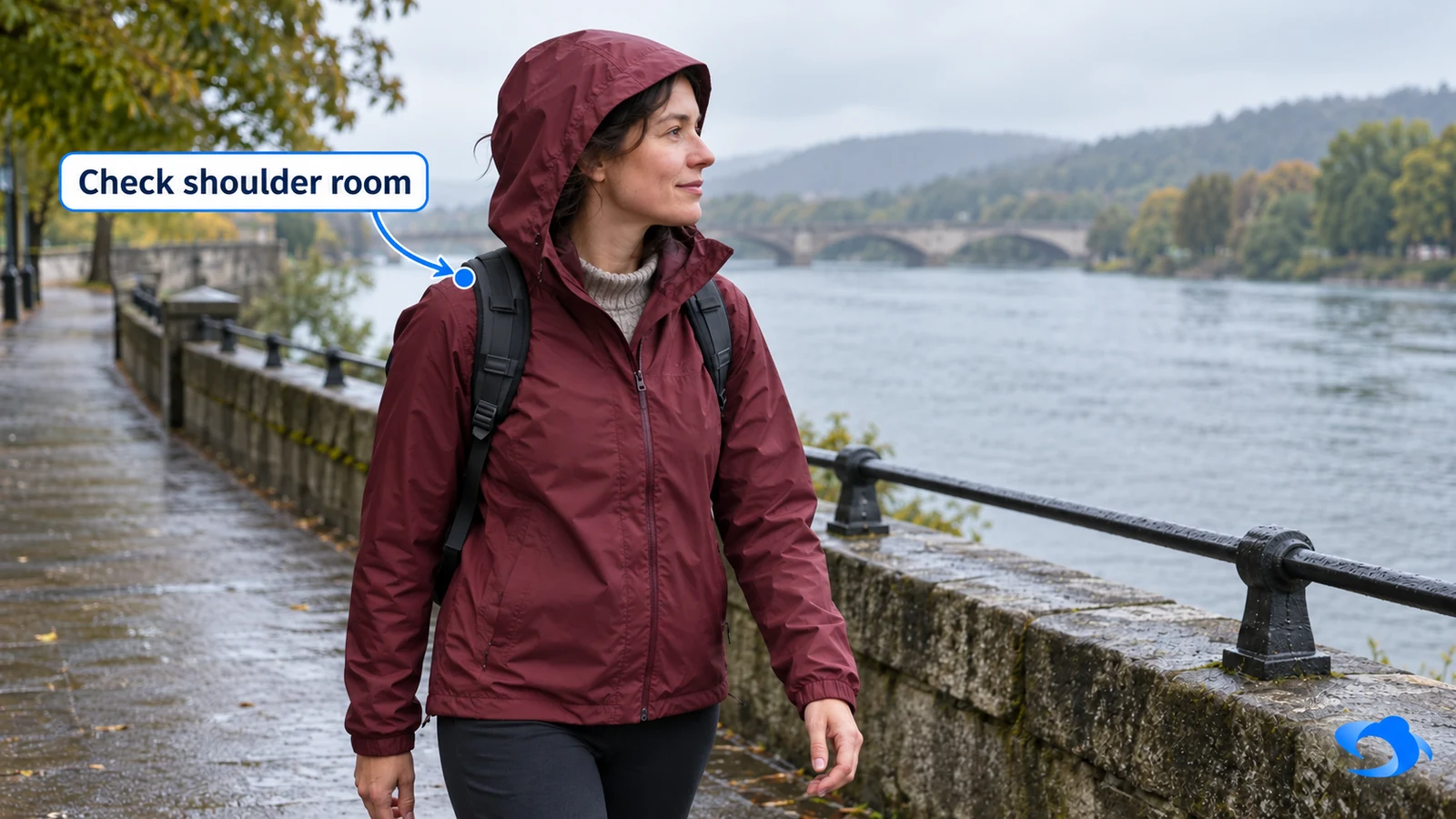 Illustrative scene of a traveller walking in a hooded rain shell with a small daypack