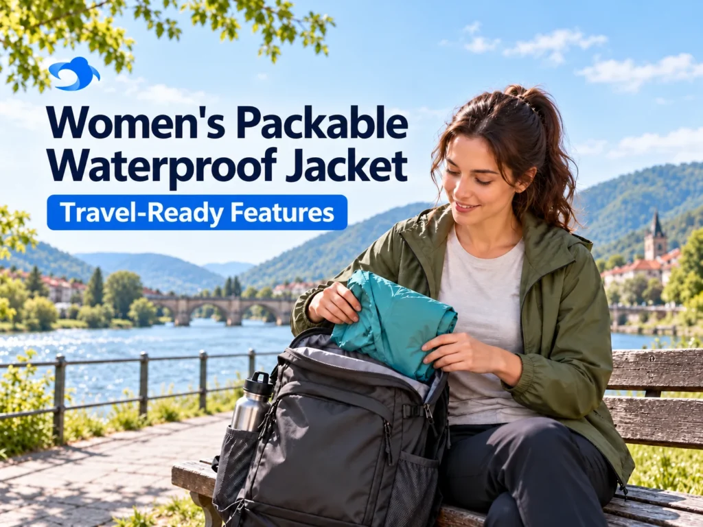 Illustrative outdoor cover for Women's Packable Waterproof Jacket