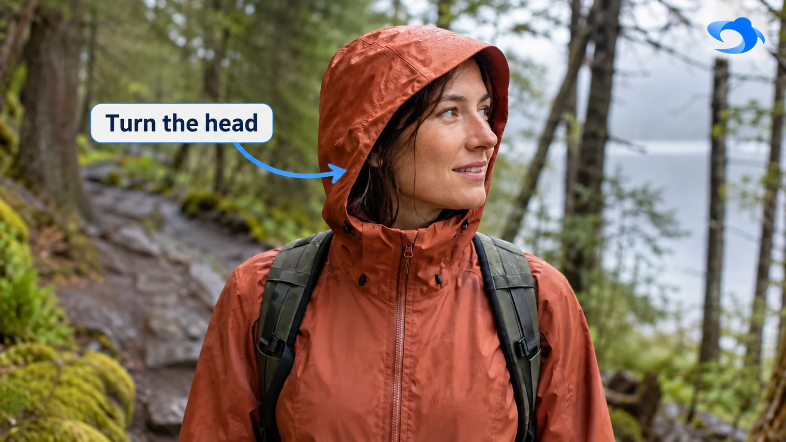 Illustrative scene of a hiker turning her head with her hood up on a wet trail