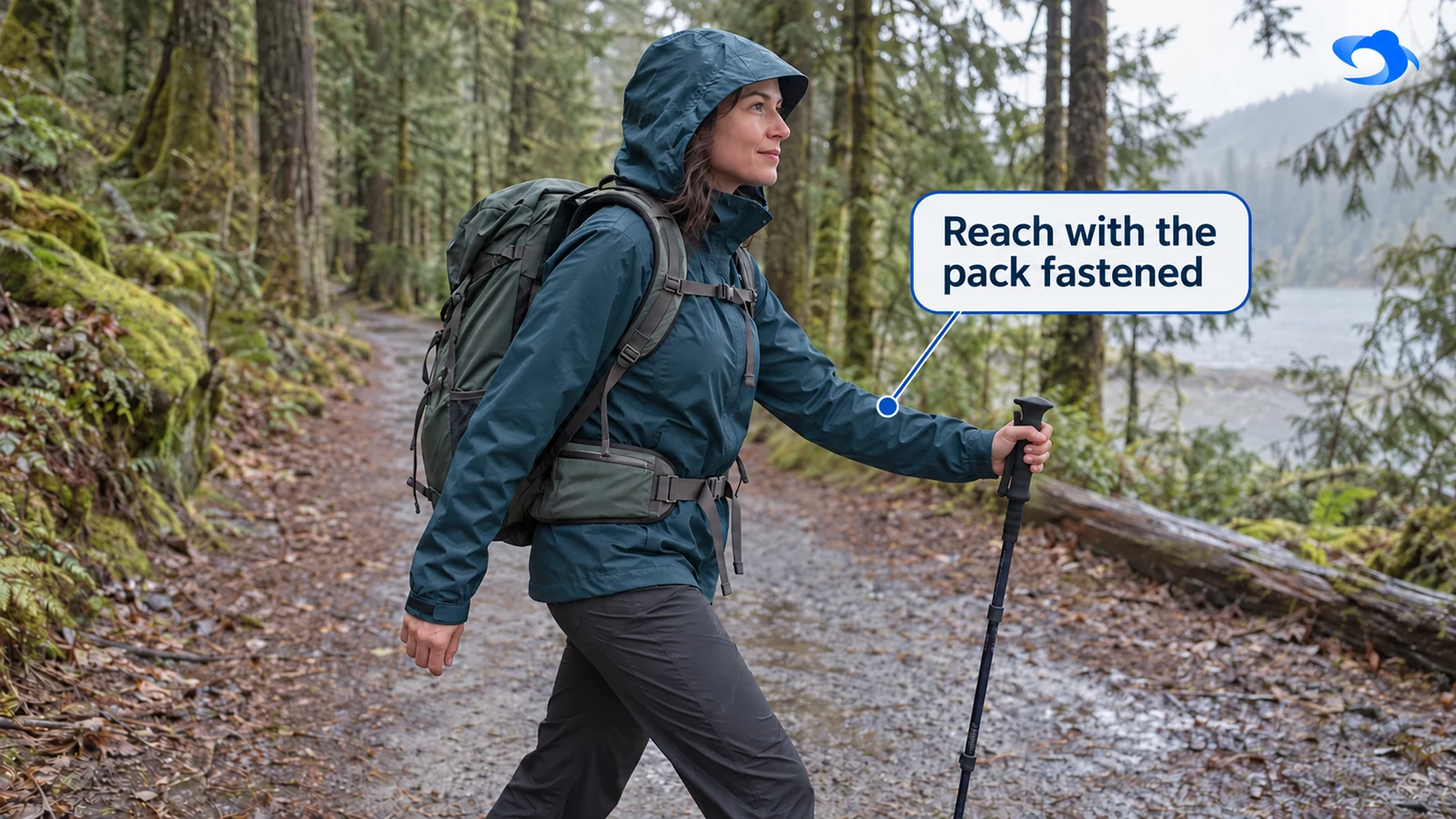 Illustrative scene of a woman hiking with a backpack and reaching forward with a trekking pole