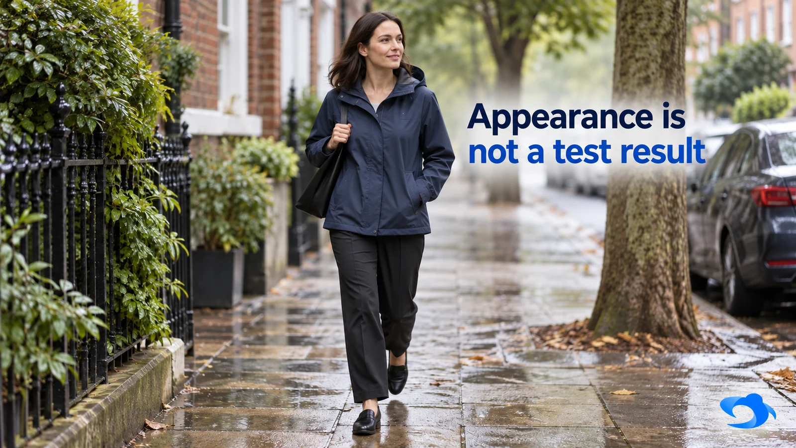 Illustrative city scene of a woman wearing a matte navy rain jacket with everyday work clothes