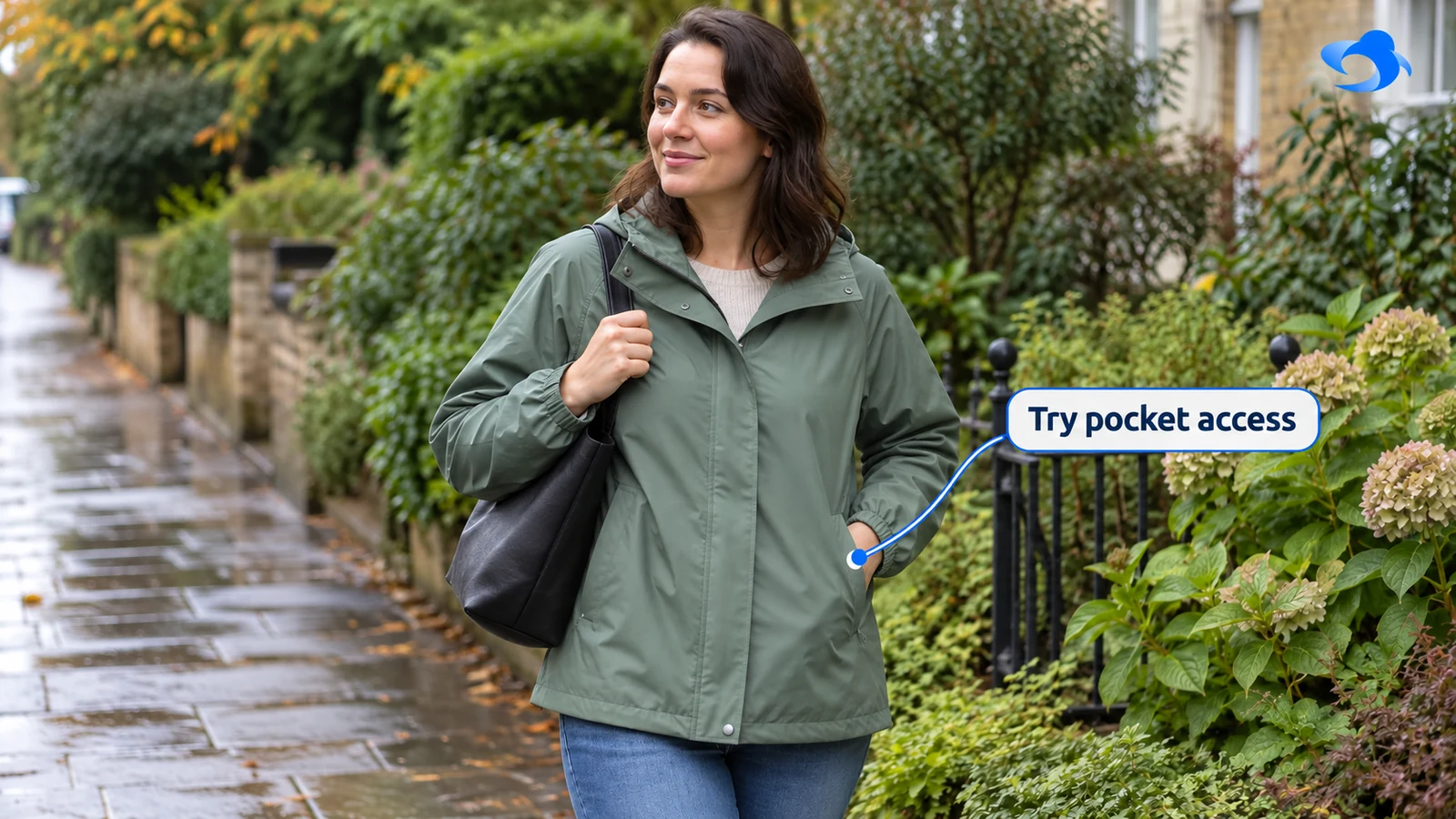 Illustrative scene of a woman checking rain-jacket pocket access while wearing a shoulder bag
