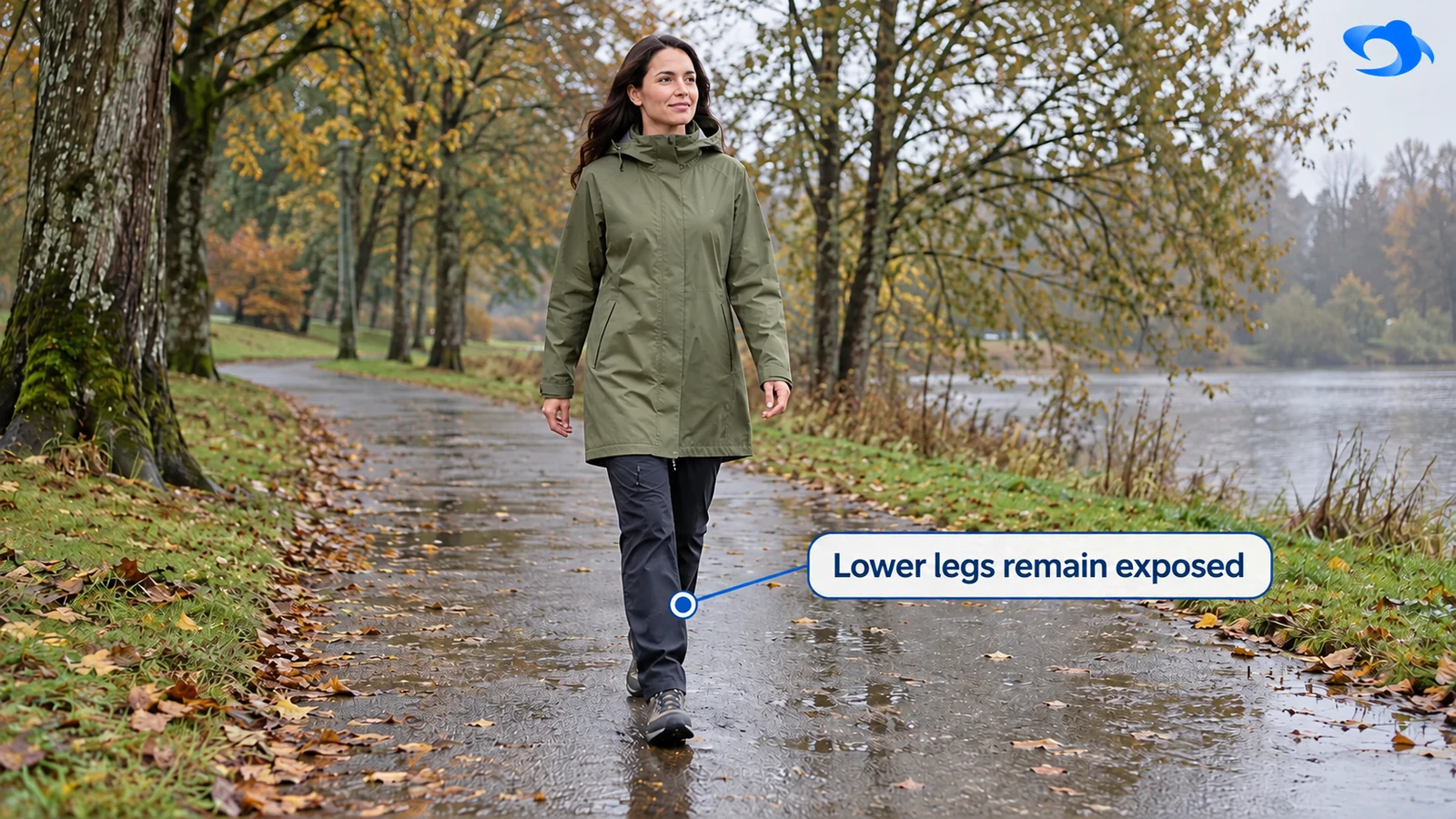 Illustrative outdoor scene of a woman walking in a long raincoat with the hem and trousers visible