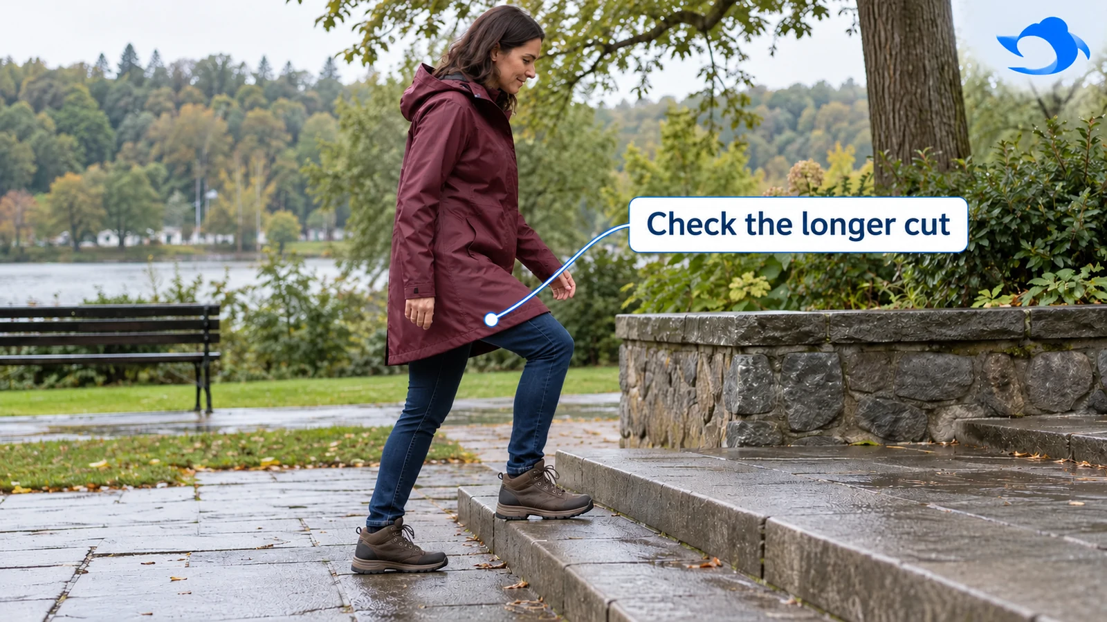 Illustrative scene of a woman checking long-raincoat movement on a low outdoor step