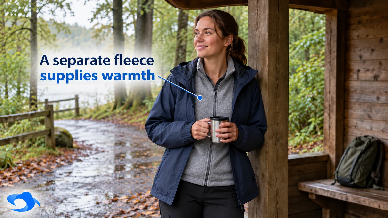 Illustrative scene of a woman wearing a separate fleece beneath an open rain shell outdoors