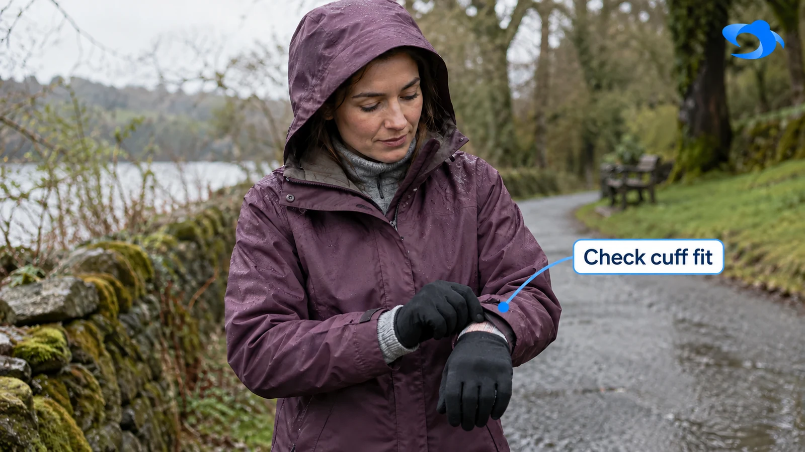 Illustrative outdoor scene of a woman checking a jacket cuff over winter layers and gloves