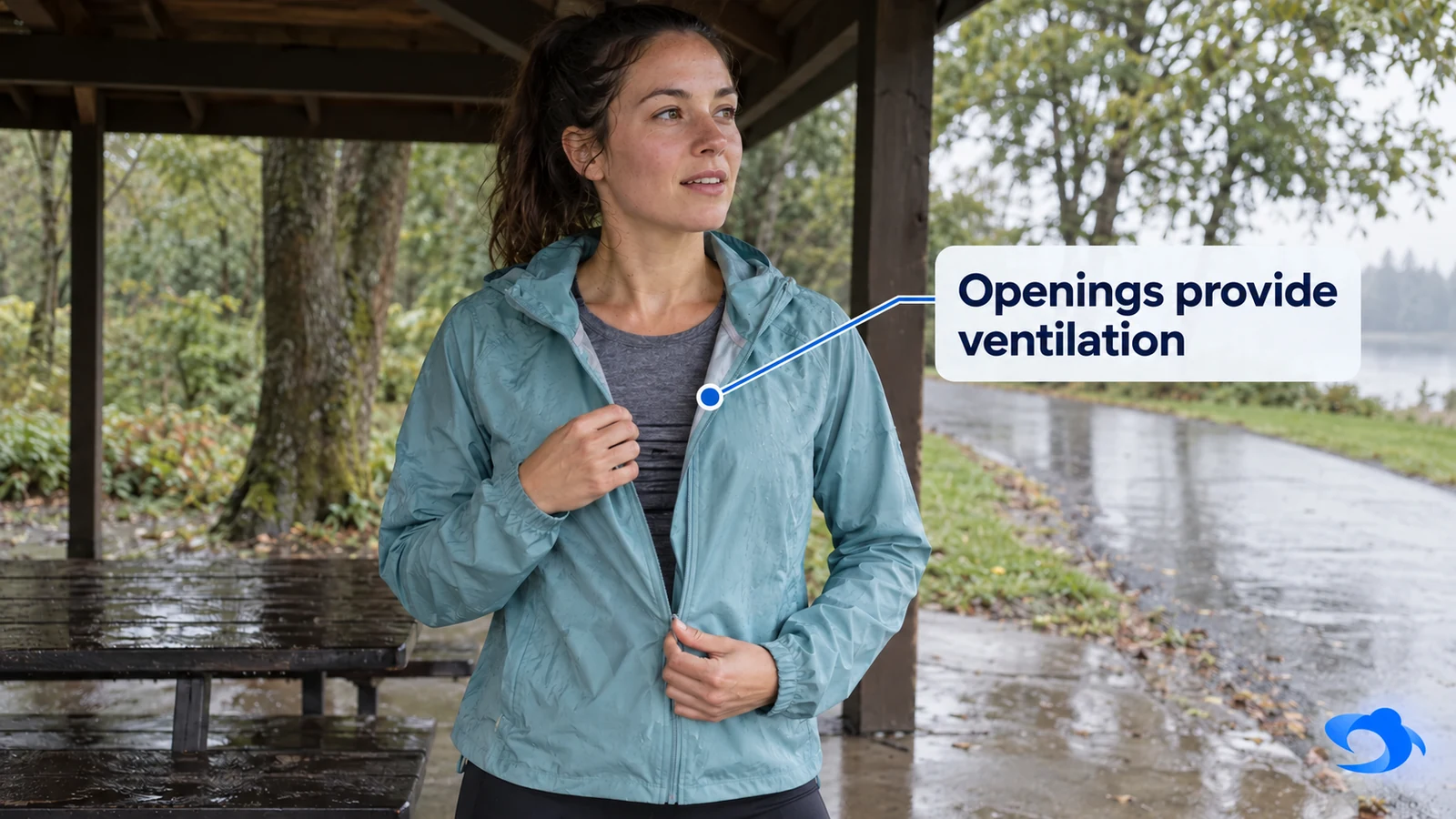 Illustrative scene of a runner adjusting the front opening of her shell during a sheltered pause