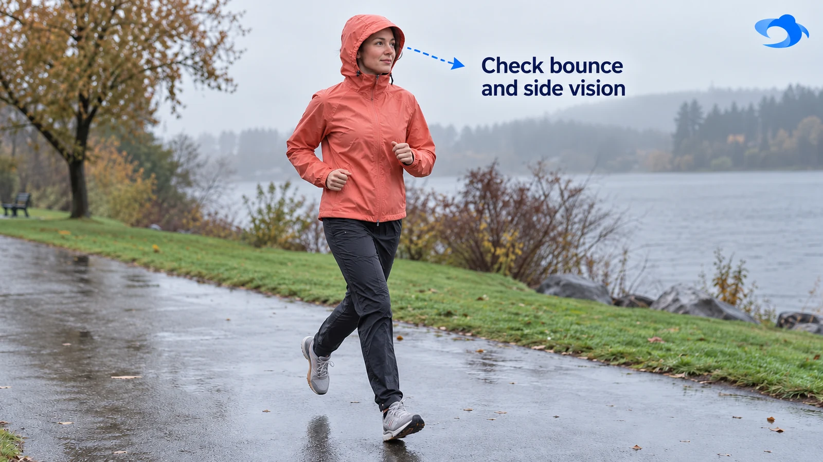 Illustrative outdoor scene of a woman jogging with her hood up and arms moving naturally