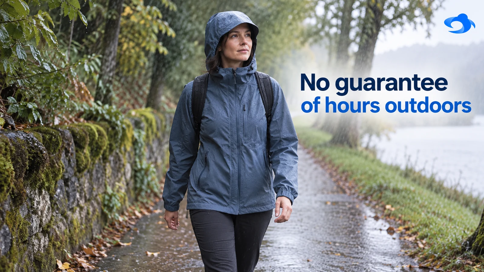 Illustrative outdoor rain scene of a woman walking with her hood and front closure fastened