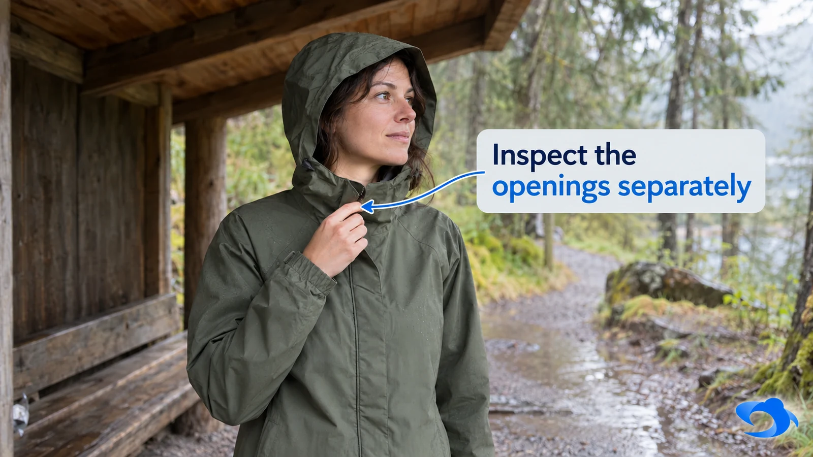 Illustrative outdoor close view of a woman checking the collar and hood opening of a rain shell