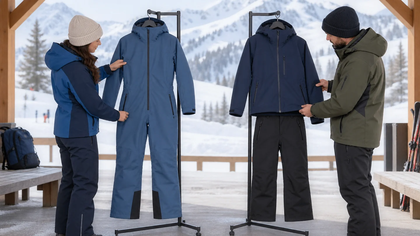 One-piece and separate ski outfits need different fit and access checks.