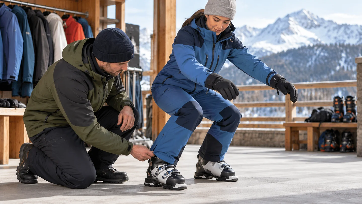 Ski-suit samples must allow bent-knee movement with the intended boots.