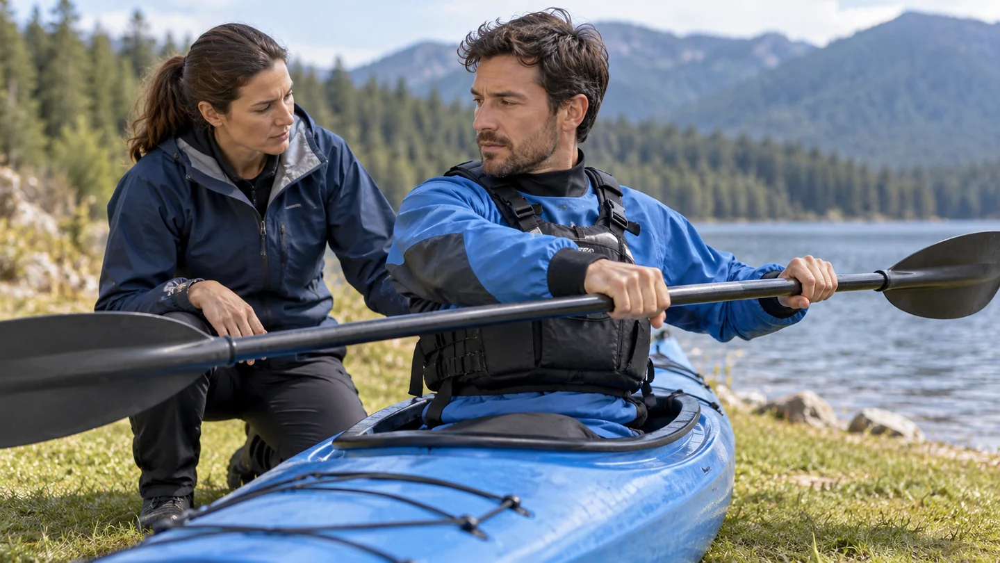 A kayaking fit check must reproduce seated torso rotation with the intended PFD.