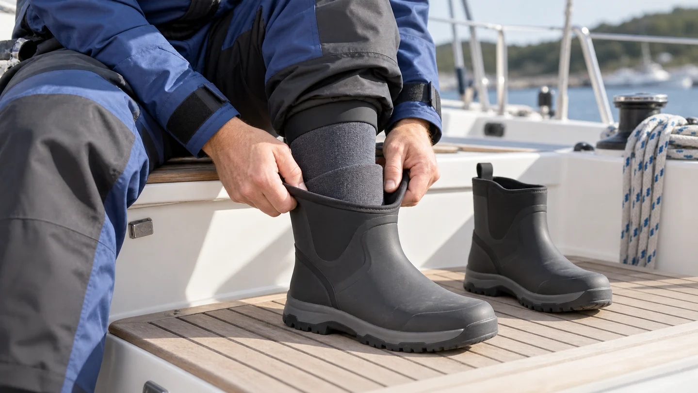 Dry socks and insulation must fit inside the issued deck boot without bunching.