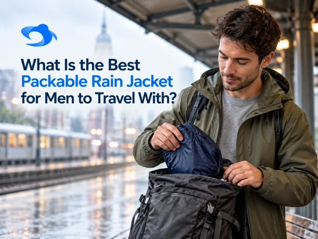 Illustrative traveler packing a rain shell at a station