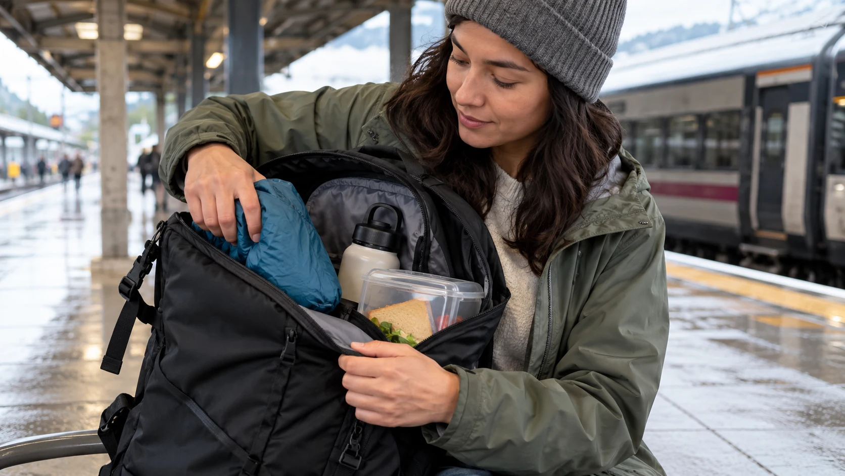 Illustrative rain jacket stored in an accessible daypack compartment