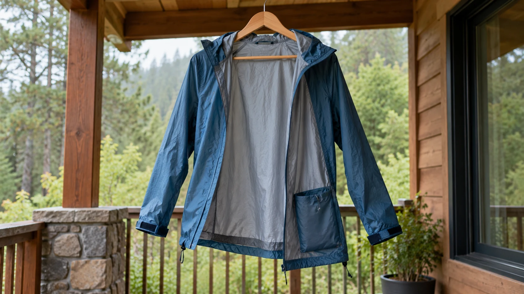 Illustrative rain shell hanging open to dry after travel