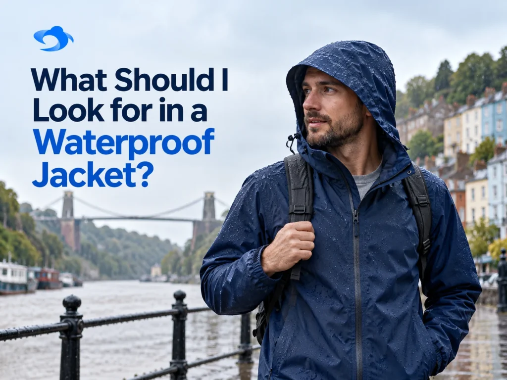 Illustrative men's rain jacket on a wet riverside walkway